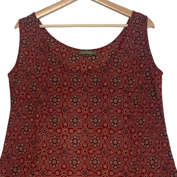 Maiwa Sleeveless Cotton Hand Block Printed Dress in Maroon & Navy | Size S - Picture 3 of 13